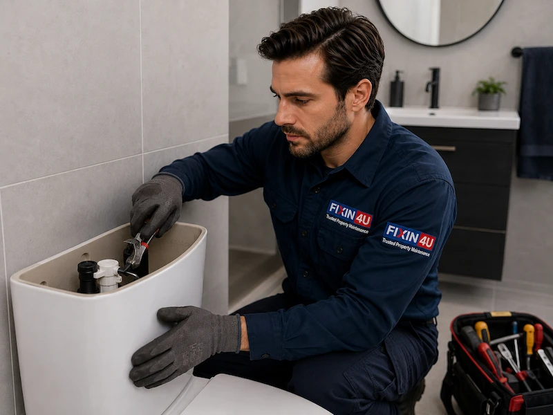 Plumber repairing toilet cistern components